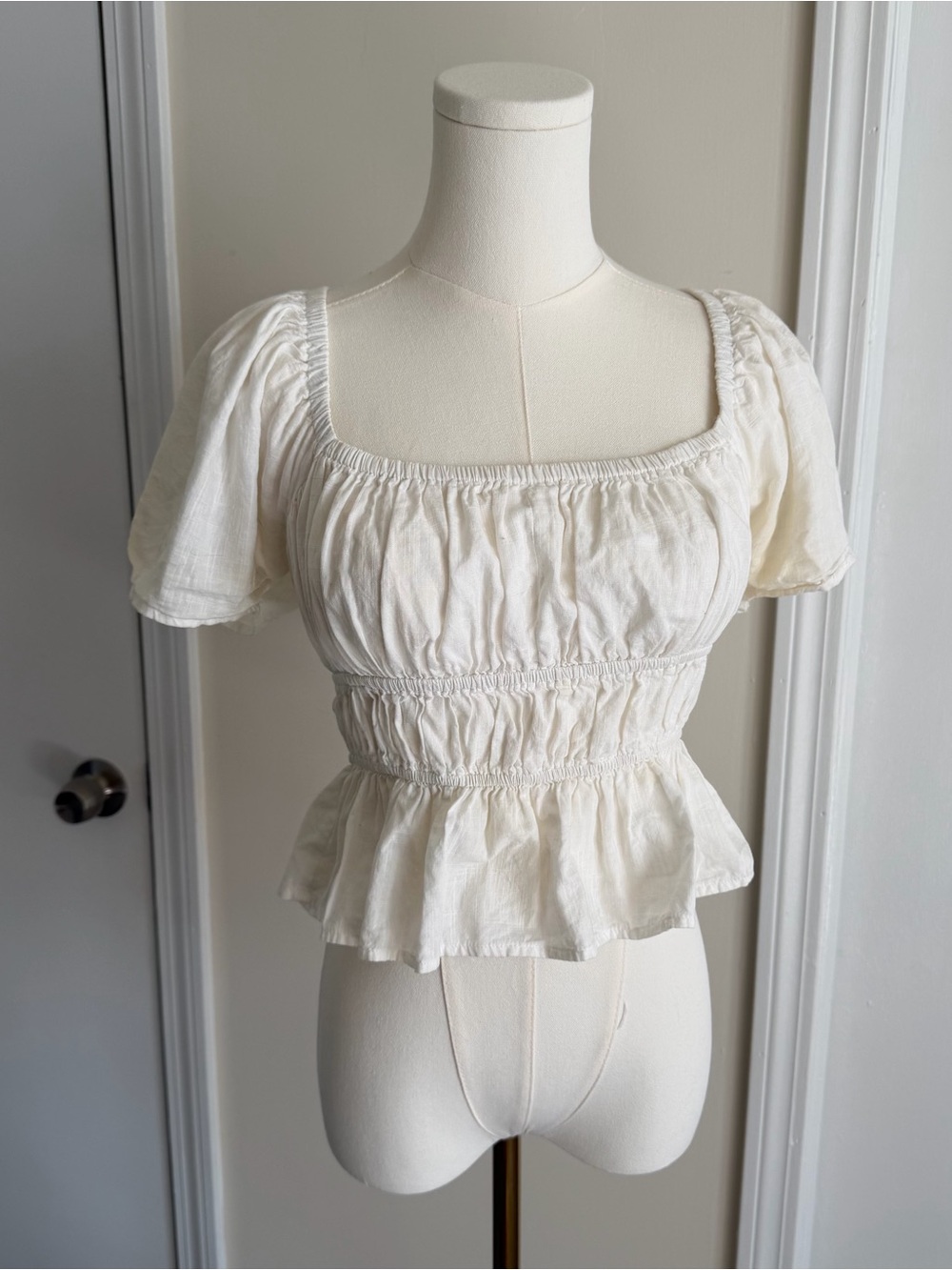 Free People Cottagecore Lace Up Back Puff Sleeve Peplum White Blouse